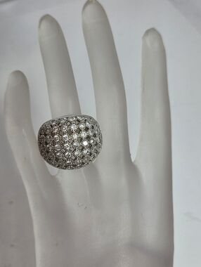 large Pave Dome Cocktail Ring in Silver tone with Clear Stones basket sz 8 mesh